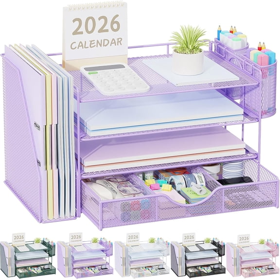 ZJQYDS Desk Organizers and Accessories with File Holder, 4-Tier Desk Accessories & Workspace Organizers with Drawer and 2 Pen Holder, Paper Organizer for Office Supplies (Purple)