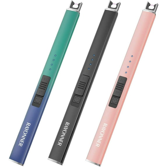 ZJQYDS Electric Candle Lighter with Safety Switch - USB Rechargeable Windproof & Flameless Plasma Arc Lighter for Easter Basket Stuffers(Black+Rose Gold+Green/Blue Gradient, Pack of 3)