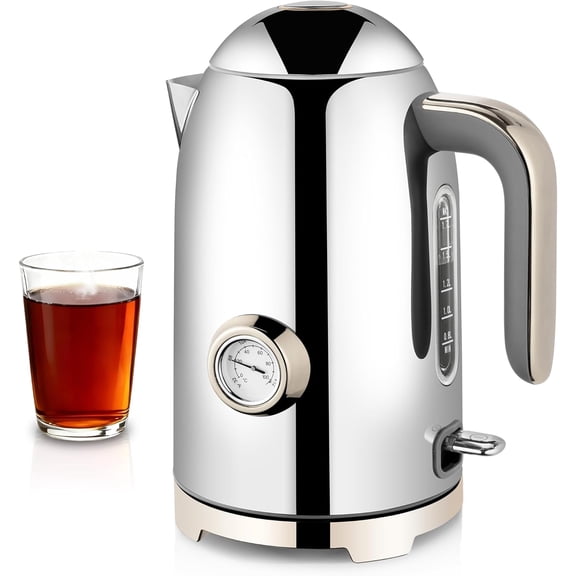 ZJQYDS Electric Kettle - 57oz Hot Tea Water Boiler with Thermometer, 1500W Fast Heating Stainless Steel Pot, Cordless LED Indicator, Auto Shut-Off & Boil Dry Protection, Glossy Silver