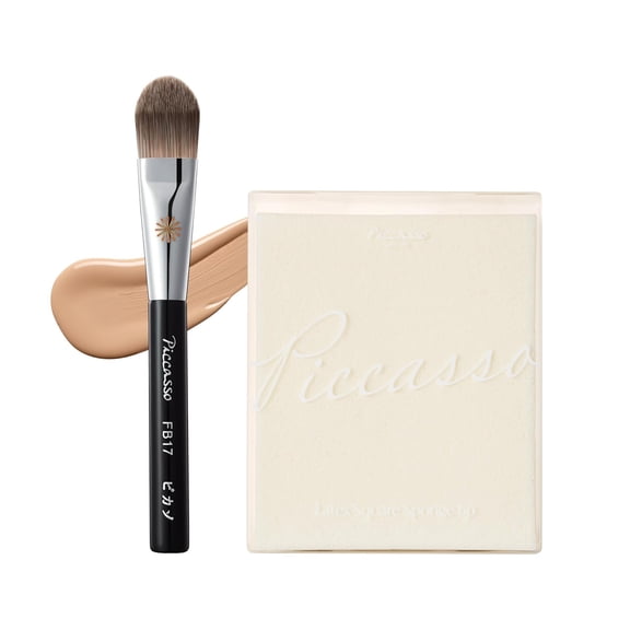 ZJQYDS FB17 Foundation Brush + 6P Latex Round Makeup Sponges, Professional Korean Beauty Tools for Flawless Base, Dewy & Matte Finish, Seamless Blending Kit