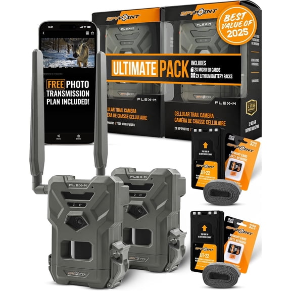 ZJQYDS Flex-M 2-Pack and SD Card 2-Pack with LIT-22 | Cellular Trail Cameras | Best Value in Hunting | No WiFi Needed, GPS-Enabled | Night Vision | IP65 Waterproof | 28MP Photos, 720p Videos