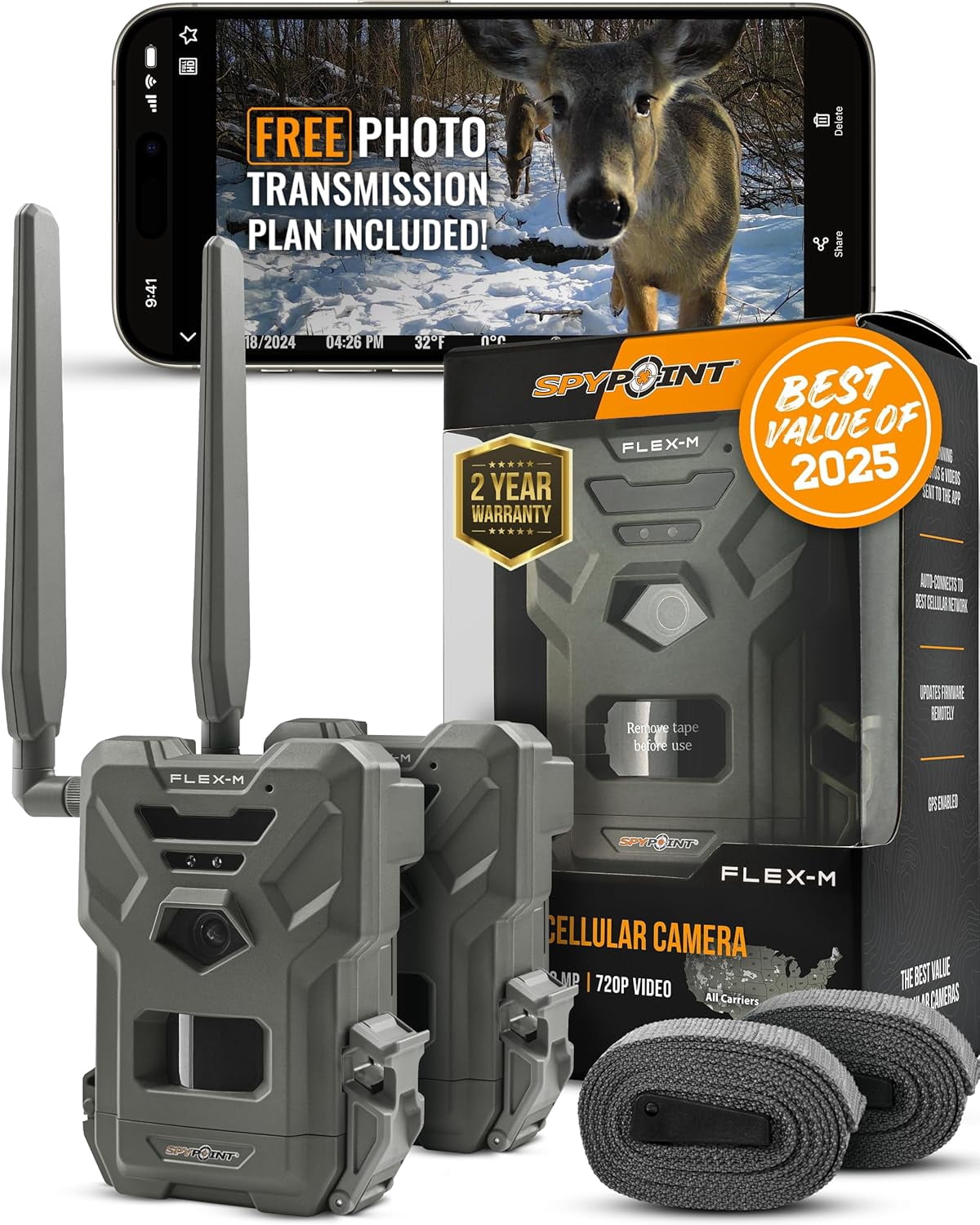 ZJQYDS Flex-M Twin Pack Cellular Trail Cameras - Best Hunting Accessories, No WiFi Needed, GPS, Night Vision, Dual-Sim LTE, IP65 Water-Resistant Game Camera, 28MP Photos, 720p Videos + Sound (2)