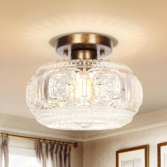 ZJQYDS Flush Mount Ceiling Light, Globe Glass Ceiling Light Fixture, Antique Bronze Modern Lighting for Hallway Bedroom Entryway Kitchen Porch, Bulb Not Included