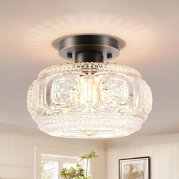 ZJQYDS Flush Mount Ceiling Light, Globe Glass Ceiling Light Fixture, Oil Rubbed Bronze with Gold Trim Modern Lighting for Hallway Bedroom Entryway Kitchen Porch, Bulb Not Included