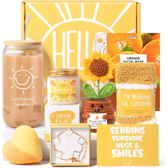 ZJQYDS Gift Baskets for Women, 9pcs Unique Happy Birthday Gifts for Women, Best Inspirational Get Well Christmas Sunshine Sunflower Ideas Box for Her Sister Friend Friendship Mom