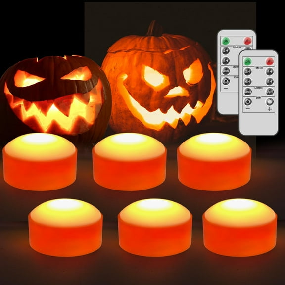 ZJQYDS Halloween LED Pumpkin Lights, 6 Pack Battery Operated Jack-O-Lantern Lights with Remote Control and Timers, Orange Flickering Flameless Candles Ideal for Halloween Pumpkin Decorations