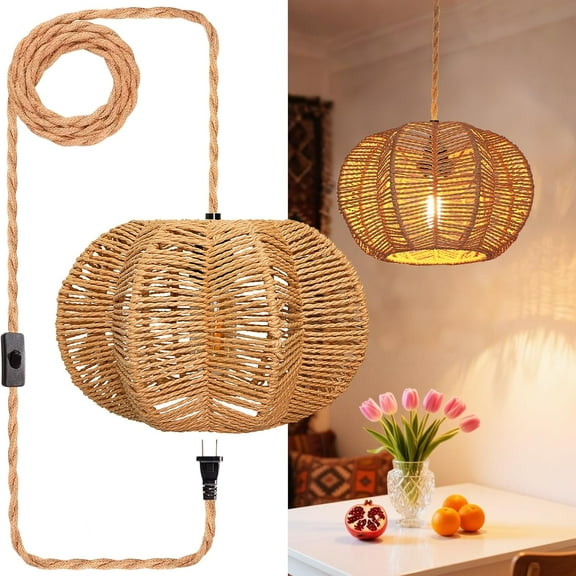 ZJQYDS Hanging Lights with Plug in Cord Rattan Hanging Lamp Boho Ceiling Light Fixtures Farmhouse Pendant Lamp Shape for Living Room Bedroom Kitchen