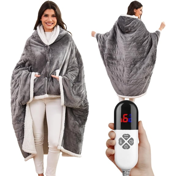 ZJQYDS Heated Shawl Wraps for Women, Wearable Heated Throw Blanket, Electric Heated Wrap Poncho with Pockets,6 Heating Levels 4 Hours Auto-Off, Overheat Protection Machine Washable, 50”x64”, Grey