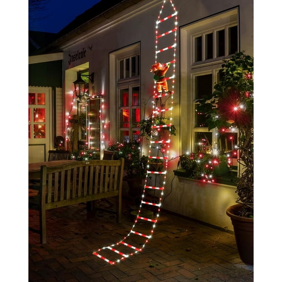 ZJQYDS LED Christmas Lights - 10ft Christmas Decorative Ladder Lights with Santa Claus, Xmas Decorations Light for Indoor Outdoor, Window, Garden, Home, Wall, Xmas Tree Decor - White & Red