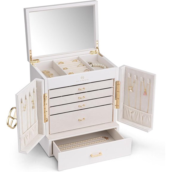 ZJQYDS Large Jewelry Organizer Box, 6-Layer Jewelry Storage Box with Mirror & 5 Drawers for Earrings, Necklaces, Rings and Watch Organizer for Women Girls Mothers Day Gifts for Mom - White