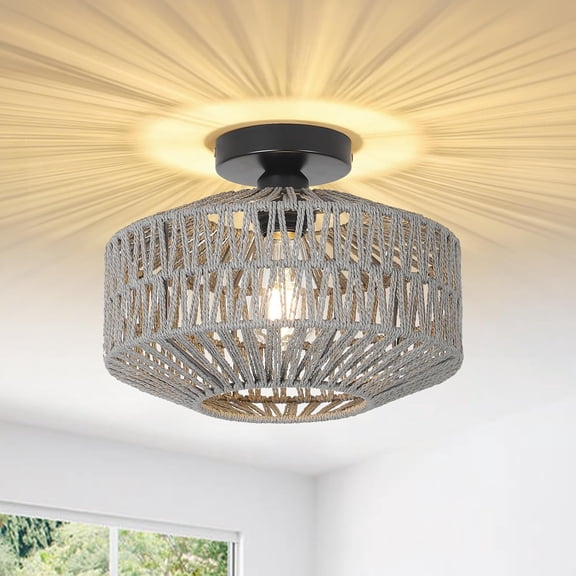 ZJQYDS Light Fixtures Ceiling MountRattan Ceiling Light Fixture with Dimmable LED BulbMini Hand Woven Chandelier Light Fixtures Ceilingfor Hallway Bedroom Kitchen Entryway Living RoomGrey