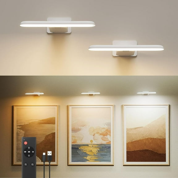 ZJQYDS Picture Lights Battery Operated, Rechargeable Picture Frame Lights for Wall, LED Cordless Wall Lights for Arts,Paintings,Gallery&Dartboard,3 Color Temperatures, Remote Control,White,2 Pack