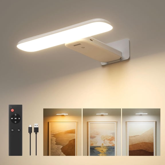ZJQYDS Picture Lights Battery Operated, Rechargeable Picture Frame Lights for Wall, LED Cordless Wall Lights for Arts,Paintings,Gallery&Dartboard,3 Color Temperatures, Remote Control,White