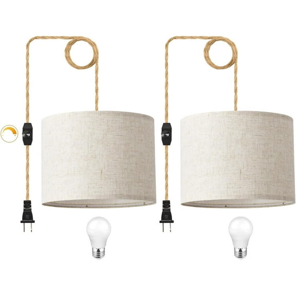 ZJQYDS Plug in Pendant Light, Hanging Light with Plug in Cord with Dimmable Switch, Hanging Lamp with 15ft Hemp Rope, Beige Linen Shade, Fixture for Bedroom, Living Room 2 Pack