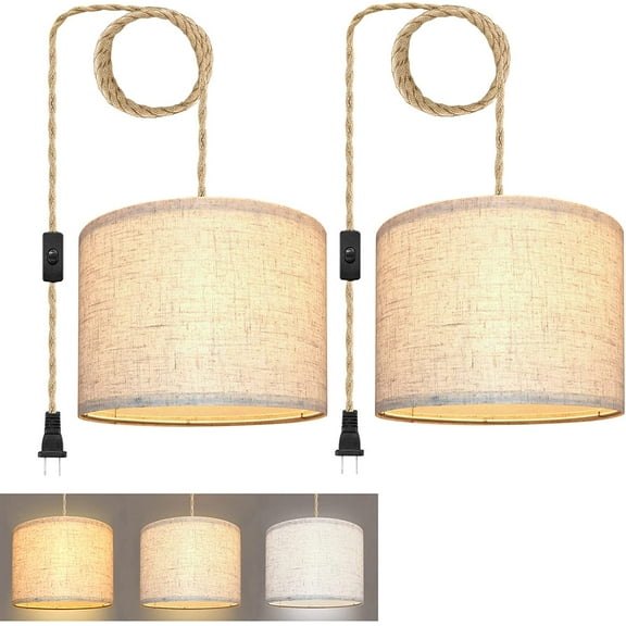 ZJQYDS Plug in Pendant Light, Hanging Lights with Plug in Cord, Hanging Lamp with 15ft Hemp Rope, On/Off Switch, Beige Linen Shade, Light Fixture for Bedroom, Living Room, Dining Table 2 Pack
