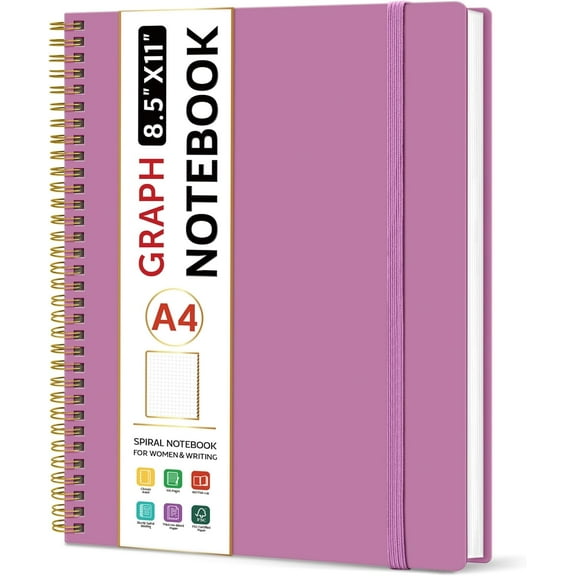 ZJQYDS Spiral Graph Notebook, 8.5"x11" Notebooks for Work, Large A4 Journal for Women & Men, Grid Notebook, Journaling Notebook for Writing, Plastic Cover Spiral Journal, Purple