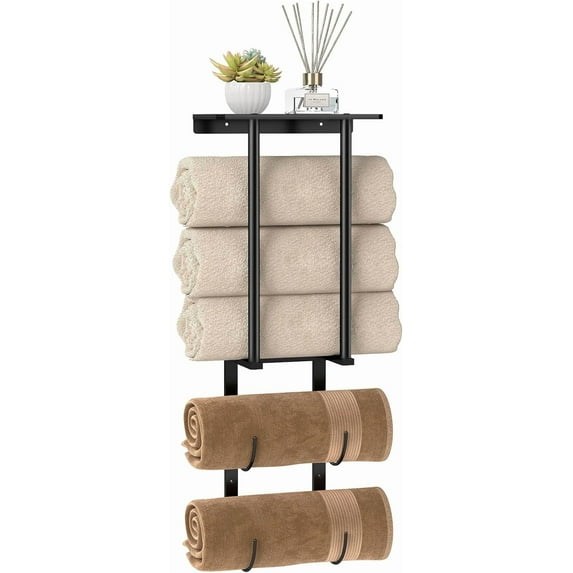 ZJQYDS Towel Racks for Bathroom, Bathroom Towel Rack Wall Mounted with 2 Tiers Rolled Towel Holder, Towel Storage can Holds 3 Large Rolled Towels, Black