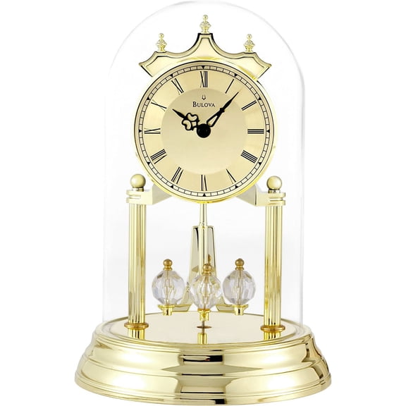ZJQYDS Tristan I Desk and Table Clock | Model B8818 | Polished Brass Finish | Polished Metal Base | Floating Dial | Roman Numerals | Elegant Pendulum Design