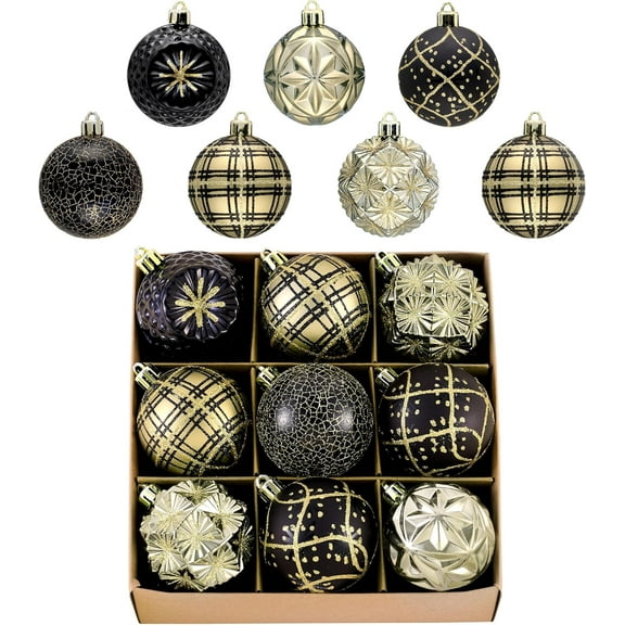 ZJQYDS Valery Madelyn Ornaments for Christmas Trees, 9ct 2.36 Inches Black and Gold Shatterproof Christmas Tree Decorations, Luxury Hanging Ball Ornaments for Xmas Holiday Party Decor