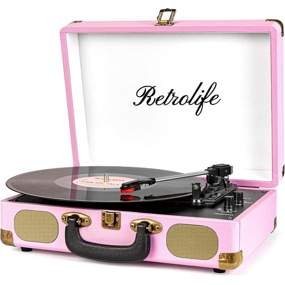 ZJQYDS Vinyl Record Player 3-Speed Bluetooth Suitcase Portable Belt-Driven Record Player with Built-in Speakers RCA Line Out AUX in Headphone Jack Vintage Turntable Pink