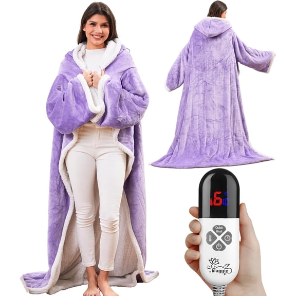 ZJQYDS Wearable Heated Blanket with Foot Pocket Sleeves, Heated Robe Heated , 6 Heating Levels 4 Hours Auto-Off, Overheat Protection Machine Washable, 50”x70”, Purple