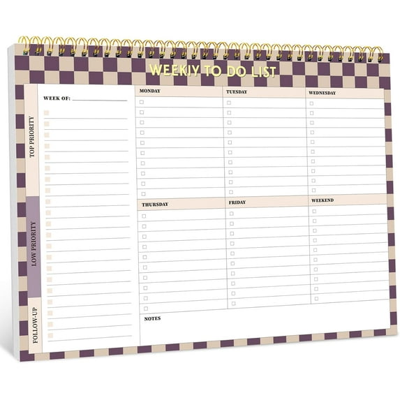ZJQYDS Weekly To Do List Notepad with 52 Undated Sheets(8.5"×11")- Weekly Desk Planner for Women & Man, Work and Home - Lilac Checkered