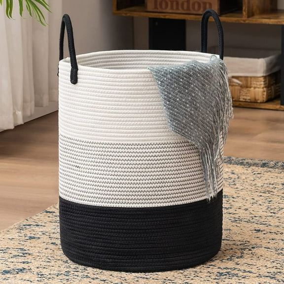 ZJQYDS Woven Rope Laundry Hamper Basket by , Tall Basket, Baby Nursery Hamper for Blanket Storage, Clothes Hamper for Laundry in Bedroom-Large-(Dark White, 58L)