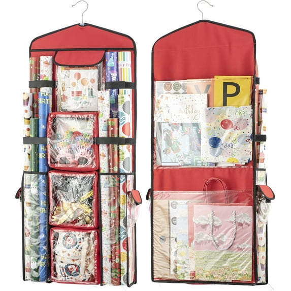 ZJQYDS wrapping paper organizer storage, hanging gift bag storage organizer, Double-Sided wrapping paper holder storage-Red
