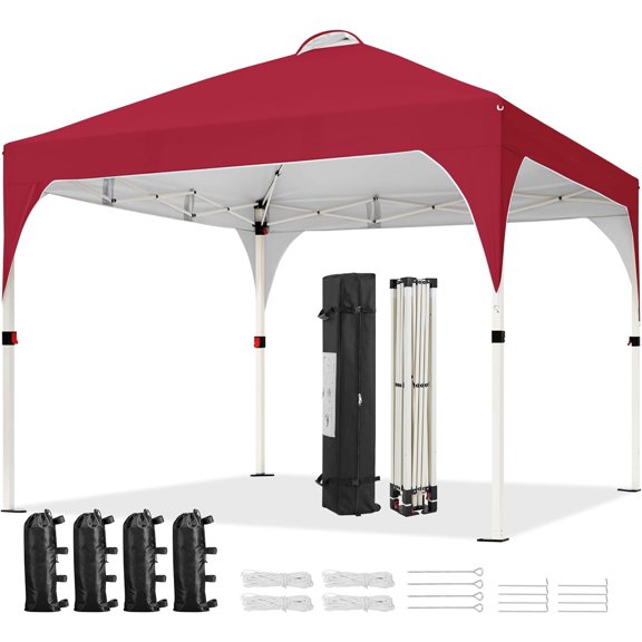 ZJTER 10x10 Pop Up Canopy Tent with Vent, Easy Set Up Tent, Instant Sun Shelter Canopy with Wheeled Bag, 4 Sandbags, 12 Stakes & 4 Ropes, for Parties, Beach, Outdoor, Red