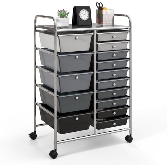 ZJTER 15-Drawer Rolling Storage Cart, Craft Storage Cart with Removable Drawers & Lockable Wheels, Art Cart Supply Storage Organizer for Home Office Classroom, Gray Gradient