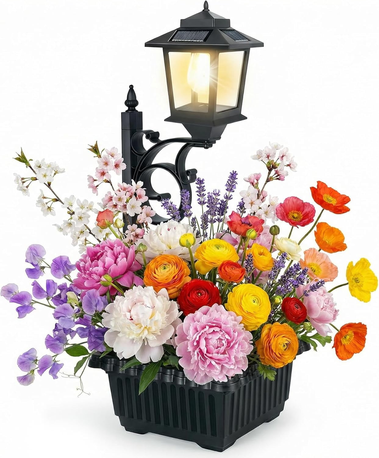 ZJTER 2 in 1 Outdoor Flower Pots for Real or Fake Flowers, Solar Lamp Post Lights - Wall Mount or Freestanding, Waterproof Decorative Lamp for Lawn, Patio, Front/Back Door
