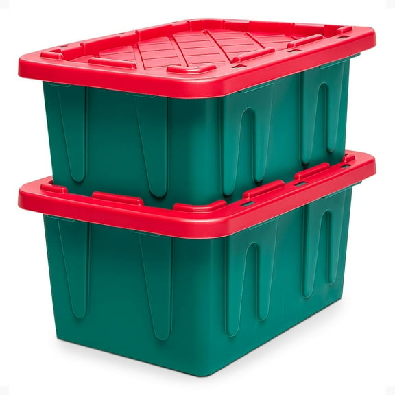 ZJTER 2-Pack Durabilt, Heavy Duty Plastic Storage Bins with Lids, 15 Gallon, Green/Red - Stackable Container Boxes for Holiday, Attic, and Garage Organization