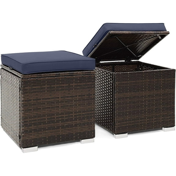 ZJTER 2 Pieces Patio Ottomans, Patiojoy Hand-Woven PE Rattan Side Table with Removable Cushion & Hidden Storage Space, Multifunctional Storage Box, Seat for Patio, Backyard, Poolside (Navy)
