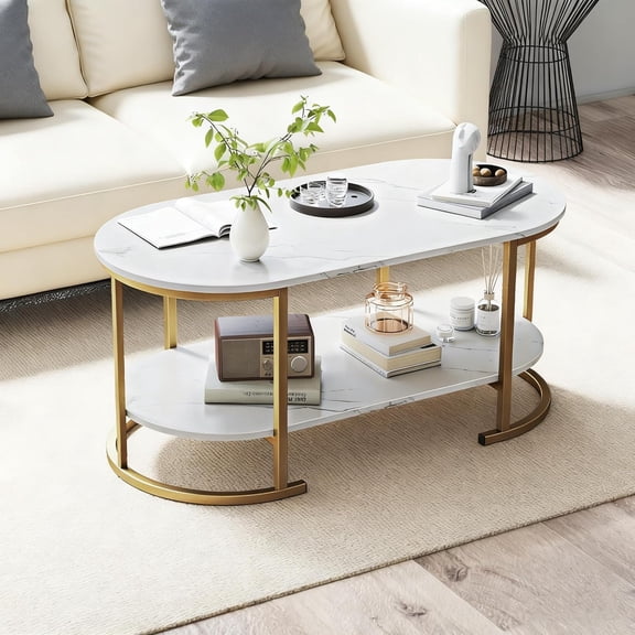 ZJTER 2-Tier Coffee Table, Oval Center Table with Faux Marble Top & Open Storage Shelf, Modern Accent Table with Heavy Duty Metal Frame, Oval Coffee Tables for Living Room, White and Gold