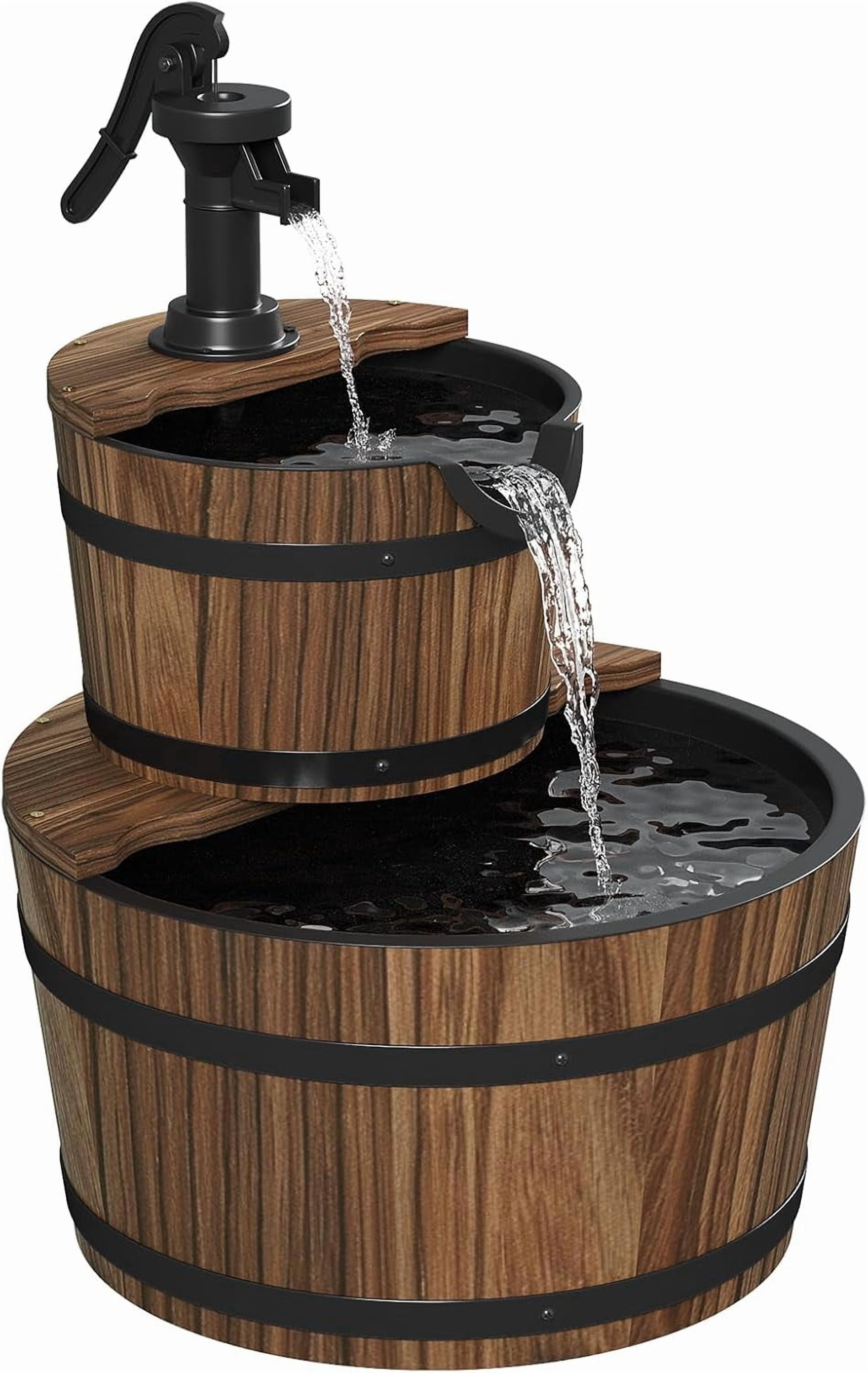 ZJTER 2-Tier Outdoor Water Fountain, Wood Barrel Cascading with Electric Decorative Hand Pump, Rustic Waterfall Fountain for Garden, Backyard, Patio, Porch, Yard