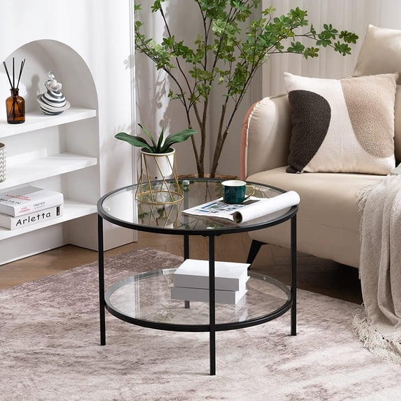ZJTER 25.6" Round Black Coffee Tables for Living Room, 2-Tier Glass Top Coffee Table with Storage Clear Coffee, Simple & Modern Center Table for Small Space