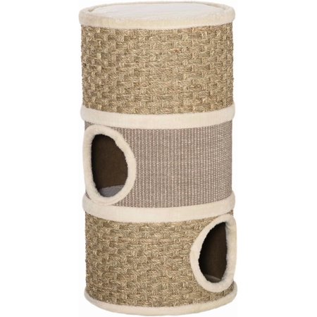 ZJTER 28 Inch Cat Condo, 3 Story Cat Hideaway with Sisal Scratching Pad, Barrel Shaped Small Cat Tree for Indoor Cats, Khaki and Brown
