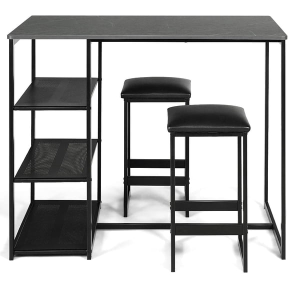 ZJTER 3-Piece Dining Set, Compact 2 Chairs and Table Set, Kitchen Set with Rectangular Faux Marble, 3 Metal Storage Shelves, Fashionable Simple Style, Kitchen Counter Height Table Set (Black)