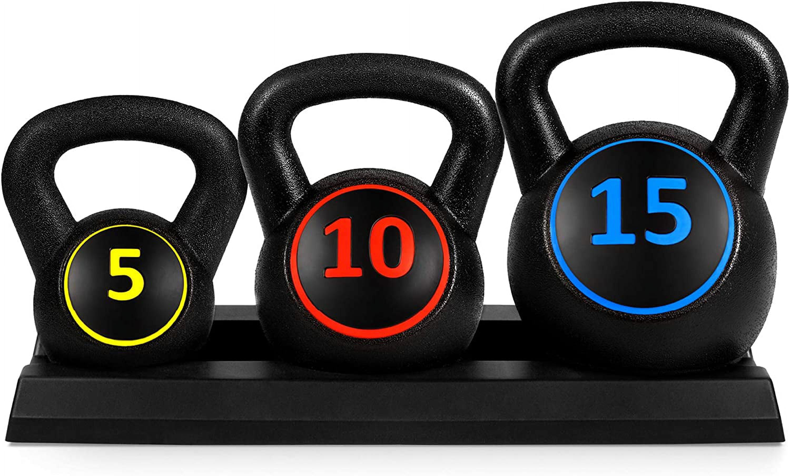 ZJTER 3-Piece Kettlebell Set with Storage Rack, HDPE Coated Exercise Fitness Concrete Weights for Home Gym, Strength Training, HIIT Workout 5lb, 10lb, 15lb