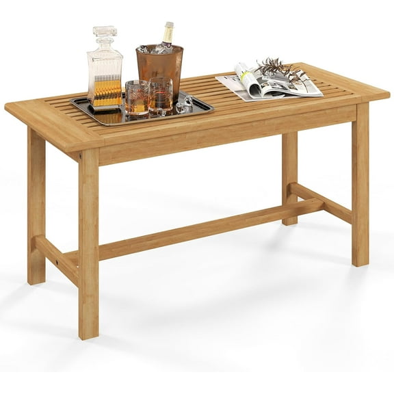 ZJTER 36 Patio Coffee Table, Solid Wood Coffee Table with Slatted Tabletop, Outdoor Rectangular Side Table, Solid Teak Wood Cocktail Tea Table, Home Accent Table for Poolside, Backyard, Garden
