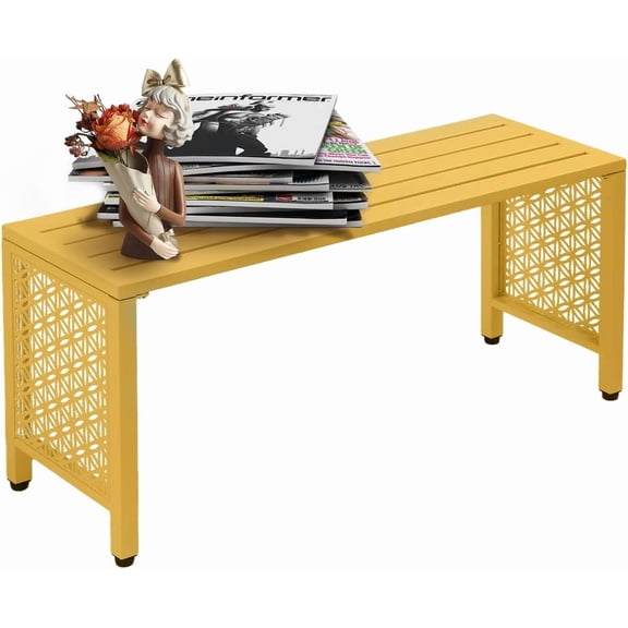 ZJTER 40in Outdoor Metal Bench, All-Weathe Backless Patio Bench with Slatted SeatFloral Side Panels, Rust-Resistant Garden Bench, Weatherproof Outdoor Seating for Porch Entryway Backyard (Yellow)