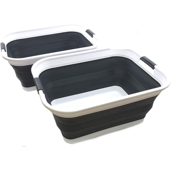 ZJTER 42L(11 gallon) Set of 2 Collapsible Plastic Laundry Basket-Foldable Pop Up Storage Container-Portable Washing Tub-Space Saving,Water capacity 34L(9 gallon) (2 rectangular - strengthen, black)