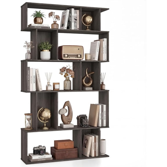 ZJTER 5-Tier Bookshelf, 10-Cube Geometric Book Case with 5 Closed-Back Cubbies, Anti-toppling Kits, Open Display Storage Shelf for Living Room, Home Office, Bedroom, Gray
