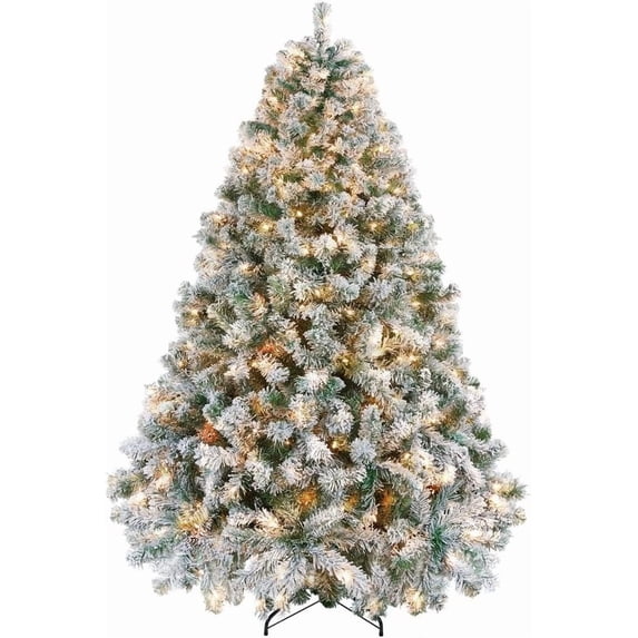 ZJTER 6ft Snow Flocked Pre-lit Christmas Tree with 250 Warm White Lights, 820 Lush Branch Tips & Quick-Assembly Hinged Design, Full Artificial Xmas Tree for Winter Holiday Décor, Green & White