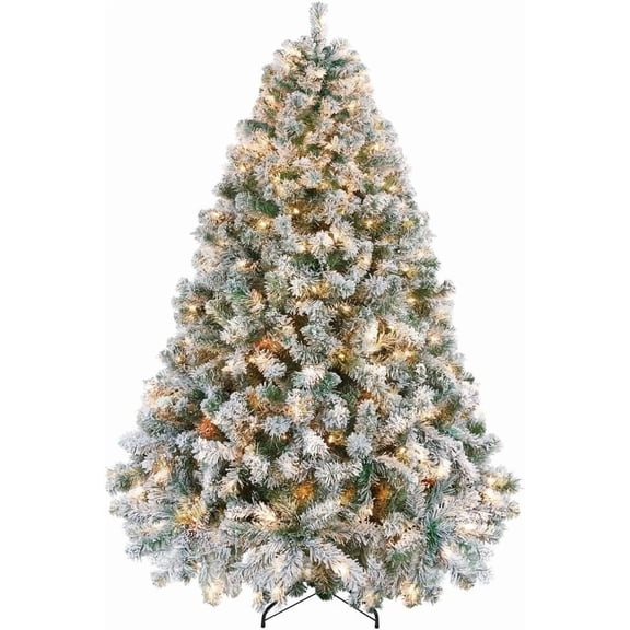 ZJTER 6ft Snow Flocked Pre-lit Christmas Tree with 250 Warm White Lights, 820 Lush Branch Tips & Quick-Assembly Hinged Design, Full Artificial Xmas Tree for Winter Holiday Dcor, Green & White