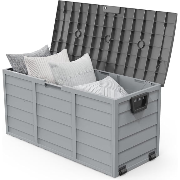 ZJTER 75 Gallon Outdoor Storage Box, Lockable Plastic Storage Containers with Lid, Patio Deck Box Furniture for Garden, Pool, Balcony, Yard (Grey)