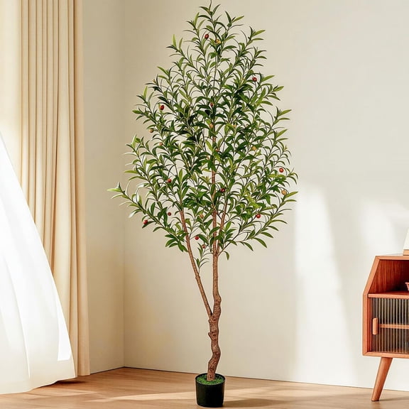 ZJTER 7FT Olive Tree Artificial Indoor, 84in Tall Faux Olive Tree with Pot, Fake Potted Tree with Fruits for Home Office Decor
