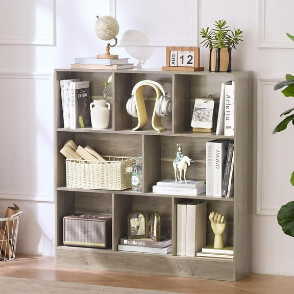 ZJTER 8 Cube Bookshelf with Base,3 Tier Mid-Century Modern Grey Bookcase,Standing Wide Bookshelves Storage Organizer Shelf,Rustic Wood Display Cabinet Book Shelves for Bedroom,Living Room,Office
