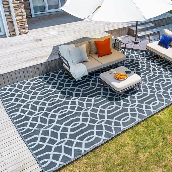 ZJTER 9x12ft Outdoor Rug, Reversible Plastic Patio Rug Waterproof, Indoor Outdoor Carpet Clearance, Large Area Carpet for Patio Deck Balcony Pool RV Camping Beach Picnic, Grey