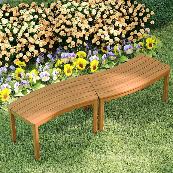 ZJTER Acacia Wood Outdoor Curved Bench Set of 2, Patio Garden Backless Fire Pit Bench with 800 lbs Weight Capacity, Outside Seating Furniture for Front Porch, Deck & Backyard
